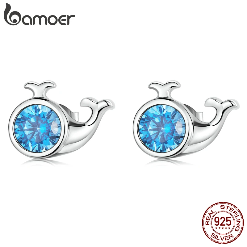 

BAMOER 925 Sterling Silver Dazzling CZ Mini Whale Stud Earrings for Women Silver Ear Studs Fine Jewelry Set Friendship Gift