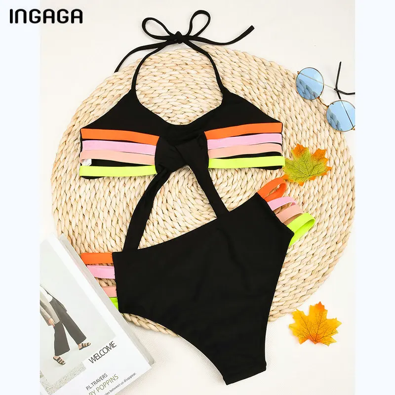 

INGAGA Push Up Women's Swimsuit Sexy Bikinis Strap Halter Swimwear Solid Patchwork Biquini Cut Out Beachwear 2021 Bathing Suits