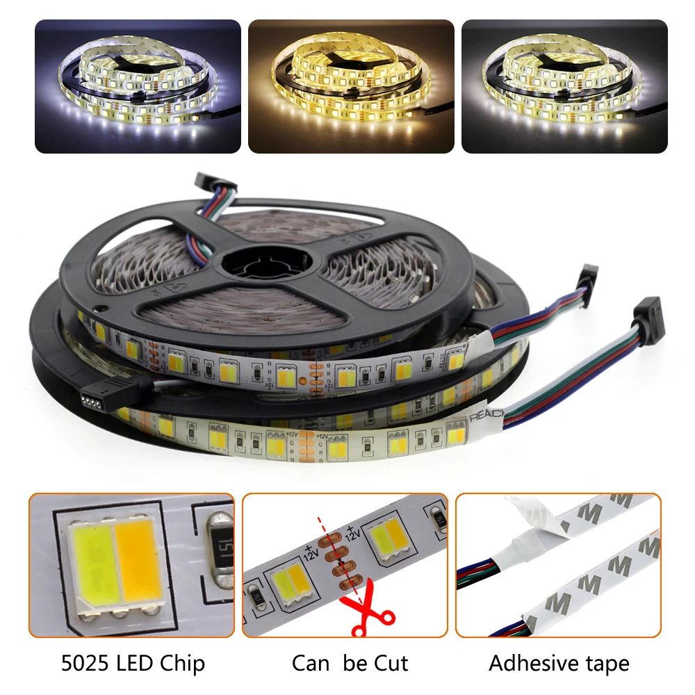 

5M LED Strip 5025 2835 IP65 Cold White+Warm White Light Flexible Ribbon DC12V Tape with Remote Control +12V 3A Power Supply