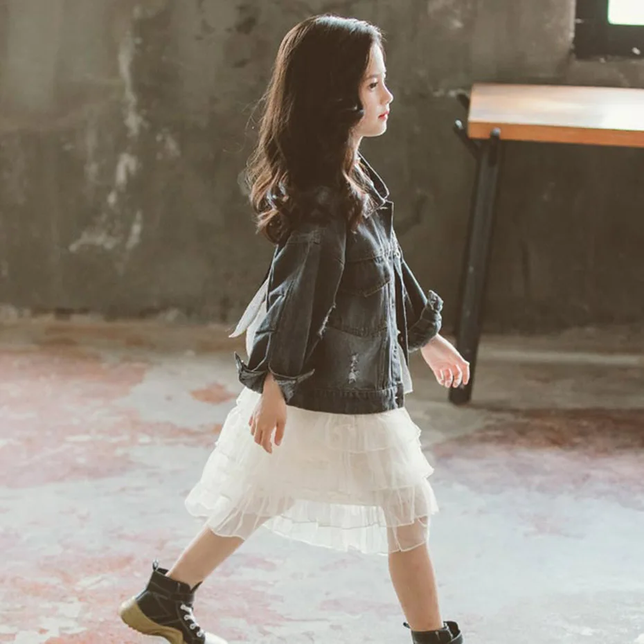 Куртка для девочек джинсовая куртка в стиле пэчворк с бантом Детские костюмы