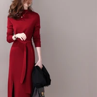 vintage fashion turtleneck dress belt collect waist solid color split knitted dresses spring 2021 women