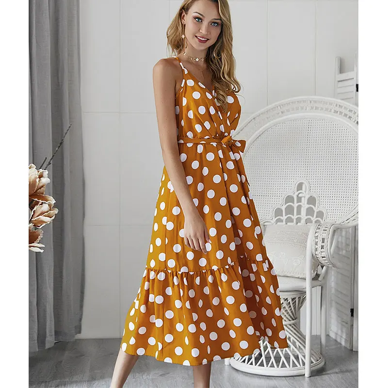 

Women's Casual Yellow Loose Dress V Neck Polka Dot Sling Long Dress Beach Holiday Style Dress Ladies Fashion Streetwear vestidos