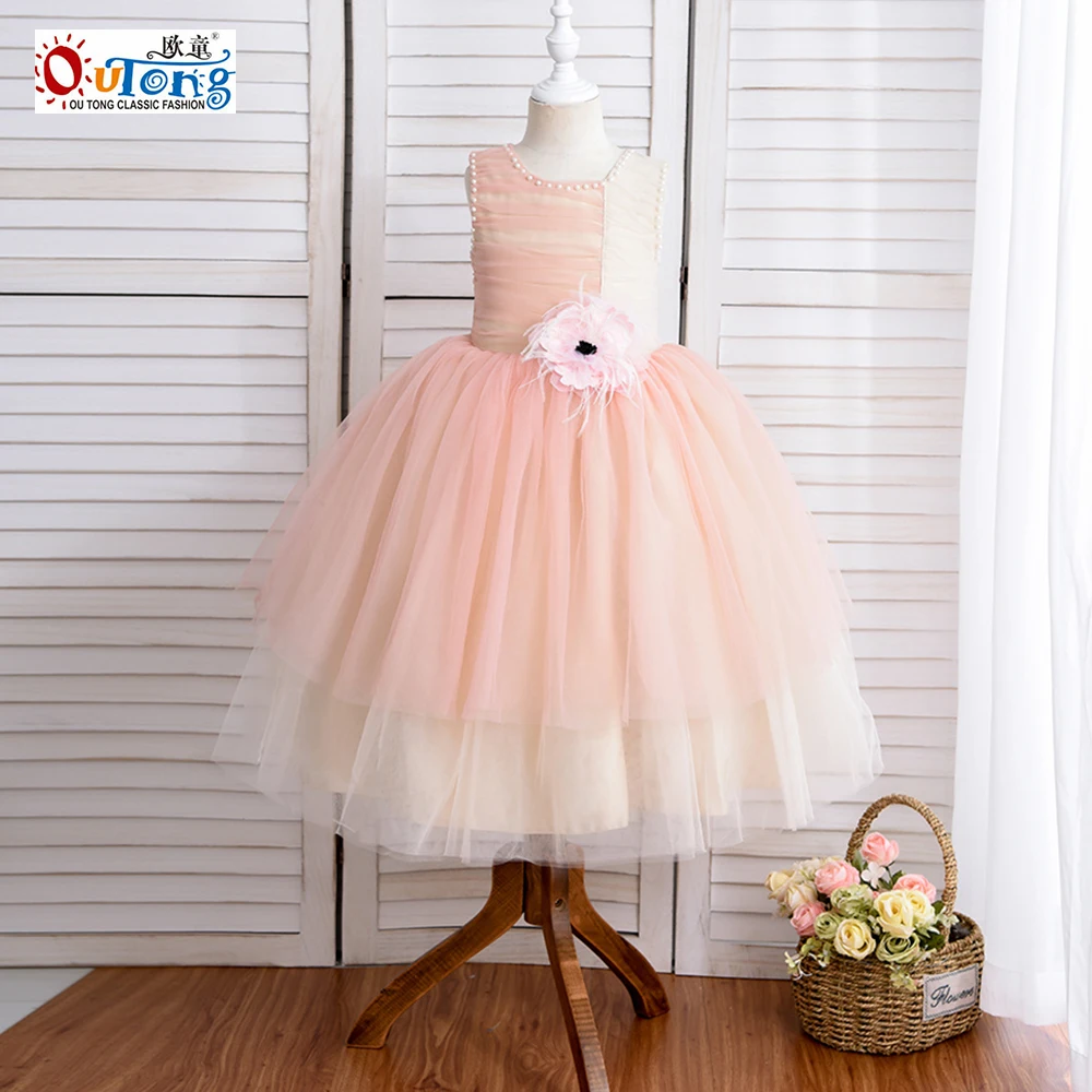

Outong 9 Years Girls Sleeveless Dresses Waist Appliques Patchwork Color Mesh Child Summer Party Dress For Wedding Flower Girl