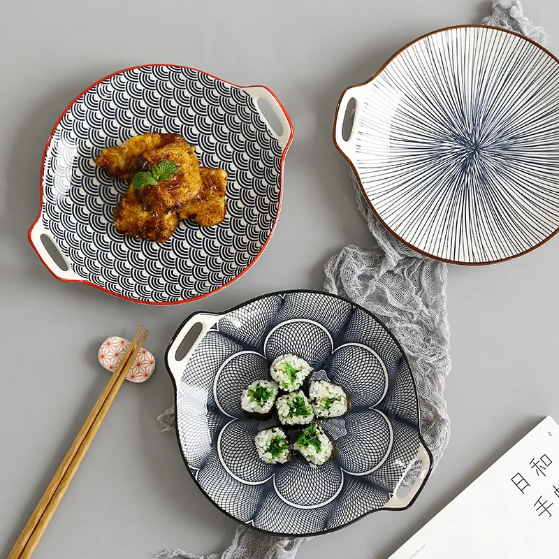 Керамическая тарелка с двойной ручкой в японском стиле 1 шт. десертное блюдо