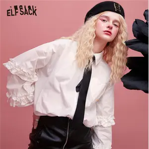 Женские однобортные рубашки ELFSACK, однотонные однобортные повседневные рубашки с оборками, осень 2020, повседневный топ в Корейском стиле с рукавами-фонариками