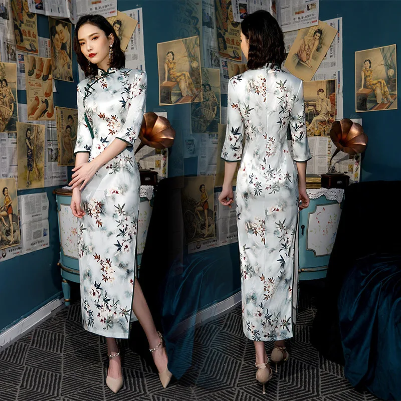 Новое поступление, традиционное женское платье, плюс размер, 4XL, Qipao, Дамское, вискозное, сексуальное, длинное, с принтом, Cheongsam, ручная работа, на пуговицах, винтажное, китайское платье - Цвет: F