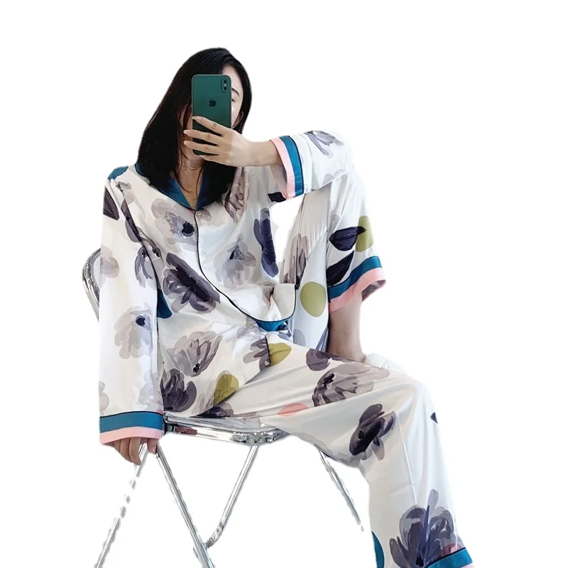 

Новинка 2021, весенняя и осенняя Пижама, Женский пижамный комплект из двух предметов, брюки с длинным рукавом и цветочным принтом из ледяного ...