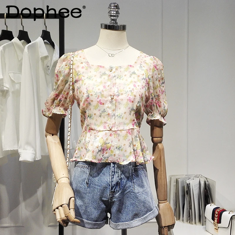 

All-match Shirt for Women 2021 Summer New Fashion Puff Sleeve Blusas Square Collar Floral Elegant Blouse French Slimming Top