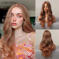 louis ferre long ombre brown wigs for women synthetic natural wave hair middle parted cosplay orange brown wigs heat resistant