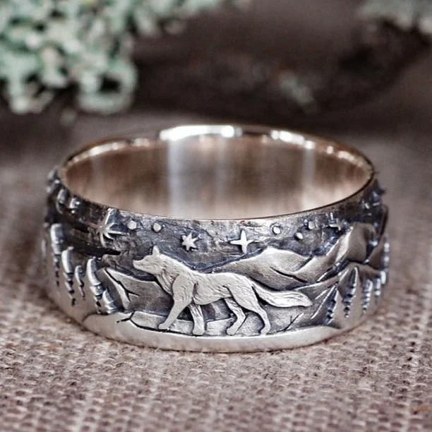 

Mens Fashion Jewelry Vintage Silver Wolf In Forest Punk Ring Boyfriend Party Casual Accessory Fathers Day Birthday Gift
