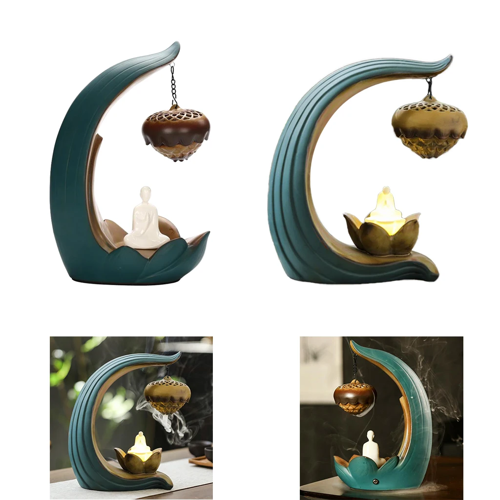 

Incense Burner Holder with Night Lamp Buddhist Backflow Censer Yoga Ornament