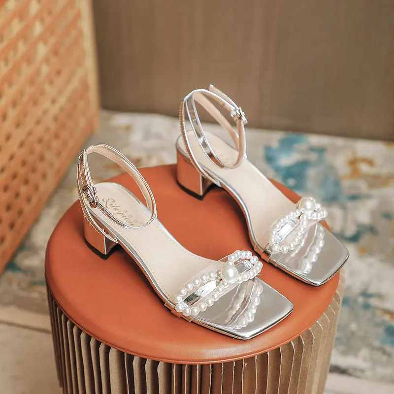 

Female Sandal Block Heels Pvc Shoes Med 2021 Women's Buckle Strap Square Toe Girls Chunky Plastic Medium New High Fashion Beige