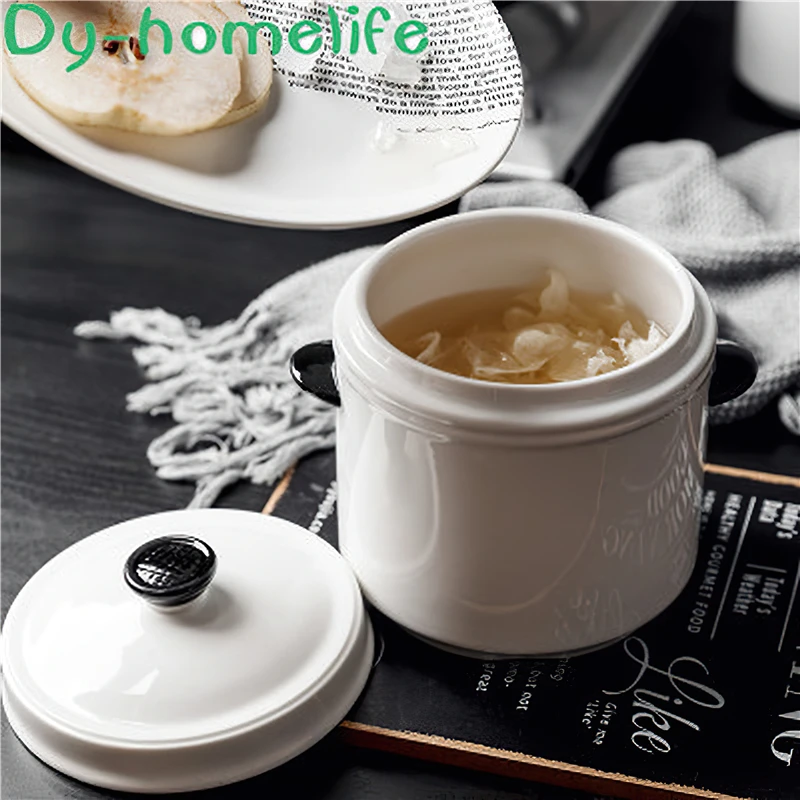 Керамическая тушеная кастрюля Корейская двойная крышка белая круглая миска для