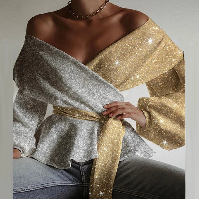 

Fashion Stitching Color Long Sleeve Blusas Women Sexy Off Shoulder Belt Patchwork Gold Blouse Shirts Spring V-Neck Pullover Tops