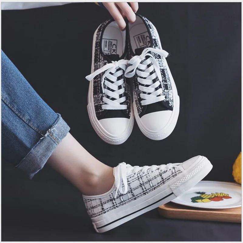 

Spring/Summer Shoes Woman High Platform Canvas Shoes Lace Up Casual Flats White Shoes Woman F771