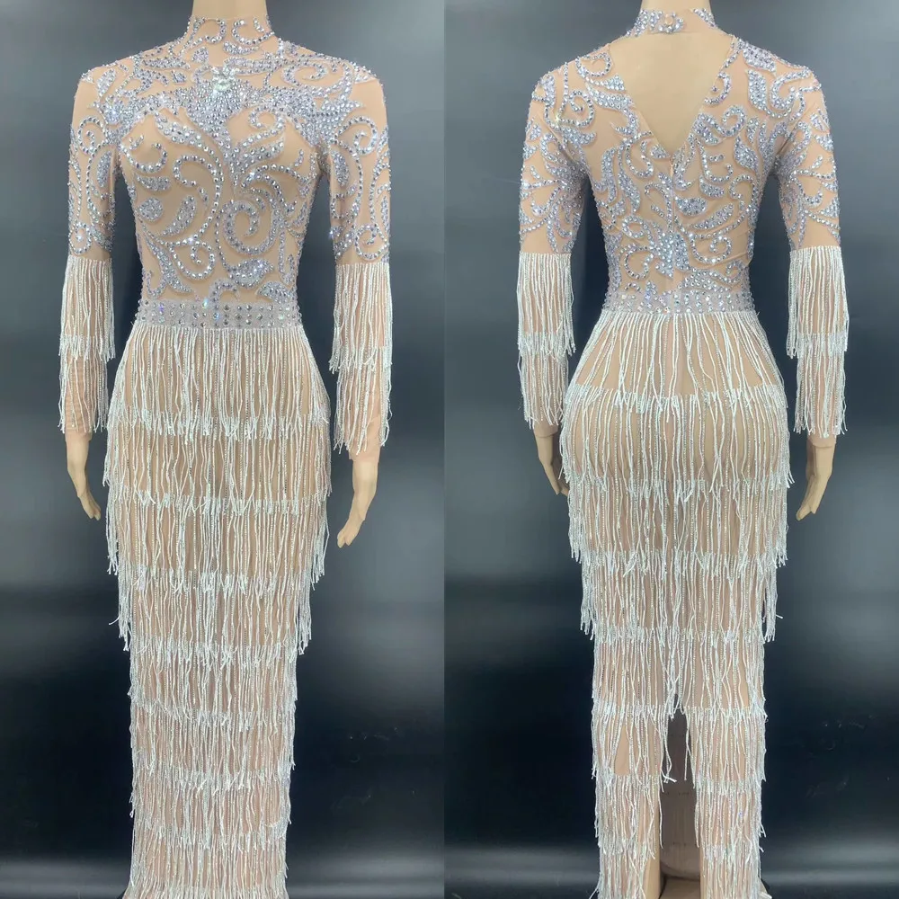 

Luxury Crystal Tassel Evening Party Dress Women Transparent Rhinestone Fringes Dress Birthday Celebration Long Dress Dancer Wear