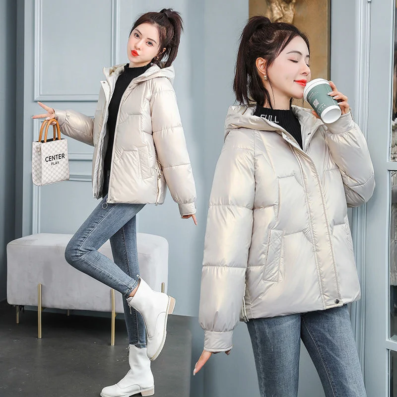 

Short Glossy WinterJacket Female Loose Hooded Cotton Padded Coat Plus Size Warm Thick Outerwear Tops Windproof Women Parka Coat