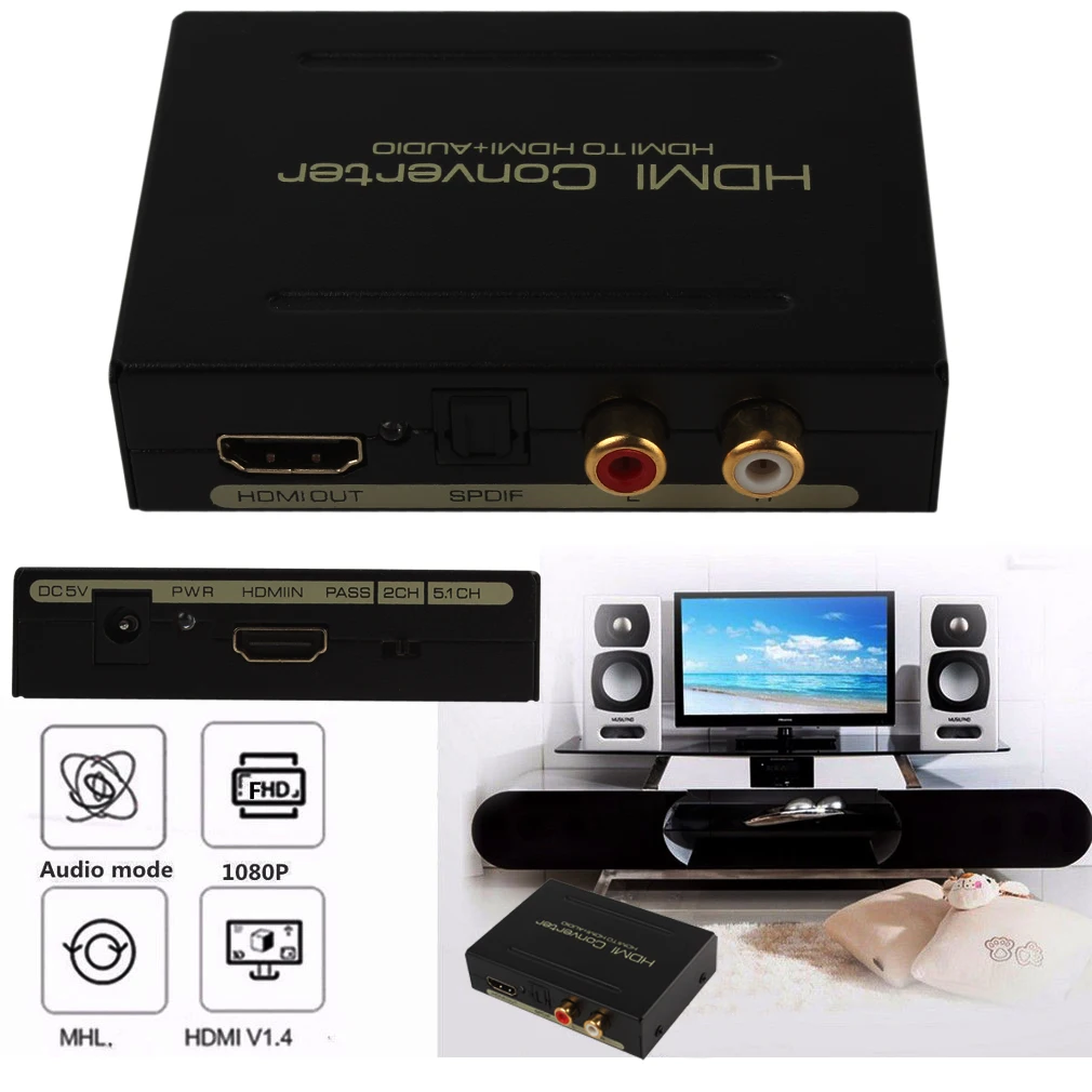 

1080P HDMI to HDMI Optical SPDIF RCA L/R Extractor Converter Audio Splitter Power Adaptor for A pple TV various Blu ray player