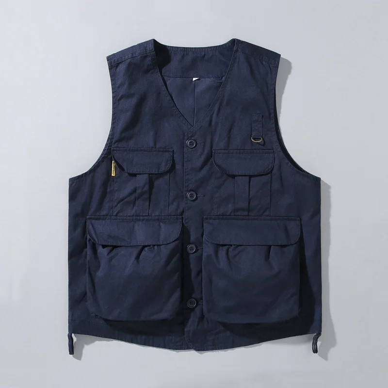 

87001 Autumn Winter Men Retro Vest Multi-Function Pocket Fashion Urban Chic Loose High Quality Outwear Blue Sleeveless Waistcoat