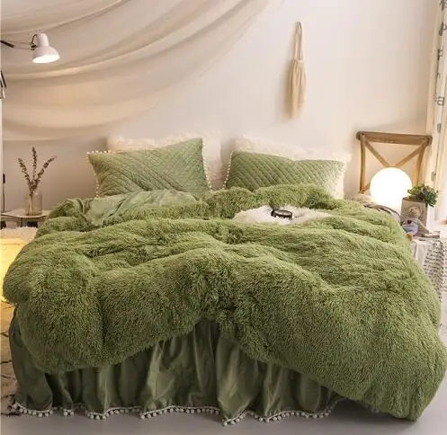bedding set 7 Роскошные Плюшевые с длинным ворсом, пододеяльник набор стеганый помпонами и бахромой оборками плоский лист н Постельное белье близнец полный queen King 4/6 шт - Цвет: bedding set 7