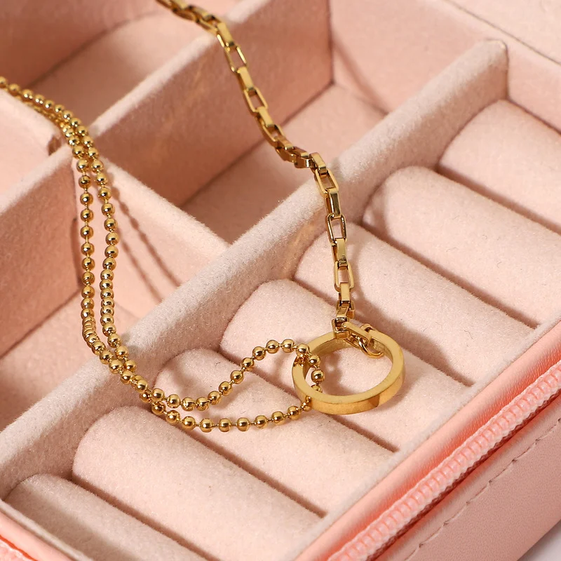 

ALLNEWME Fashion Hollow Alloy Circle Pendant Necklace for Women Ladies Asymmetric Double Layers Beaded Necklace Accessories