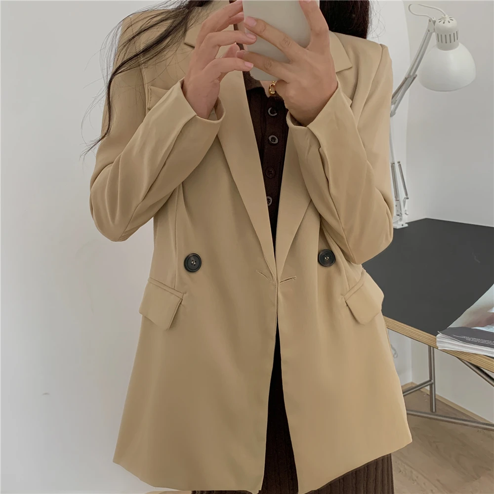 

Women Korea Elegant Loose OL Style Blazers Jackets With Belt 2021 New Long Sleeve Double-breasted Suits Colthing Mujer Outwear