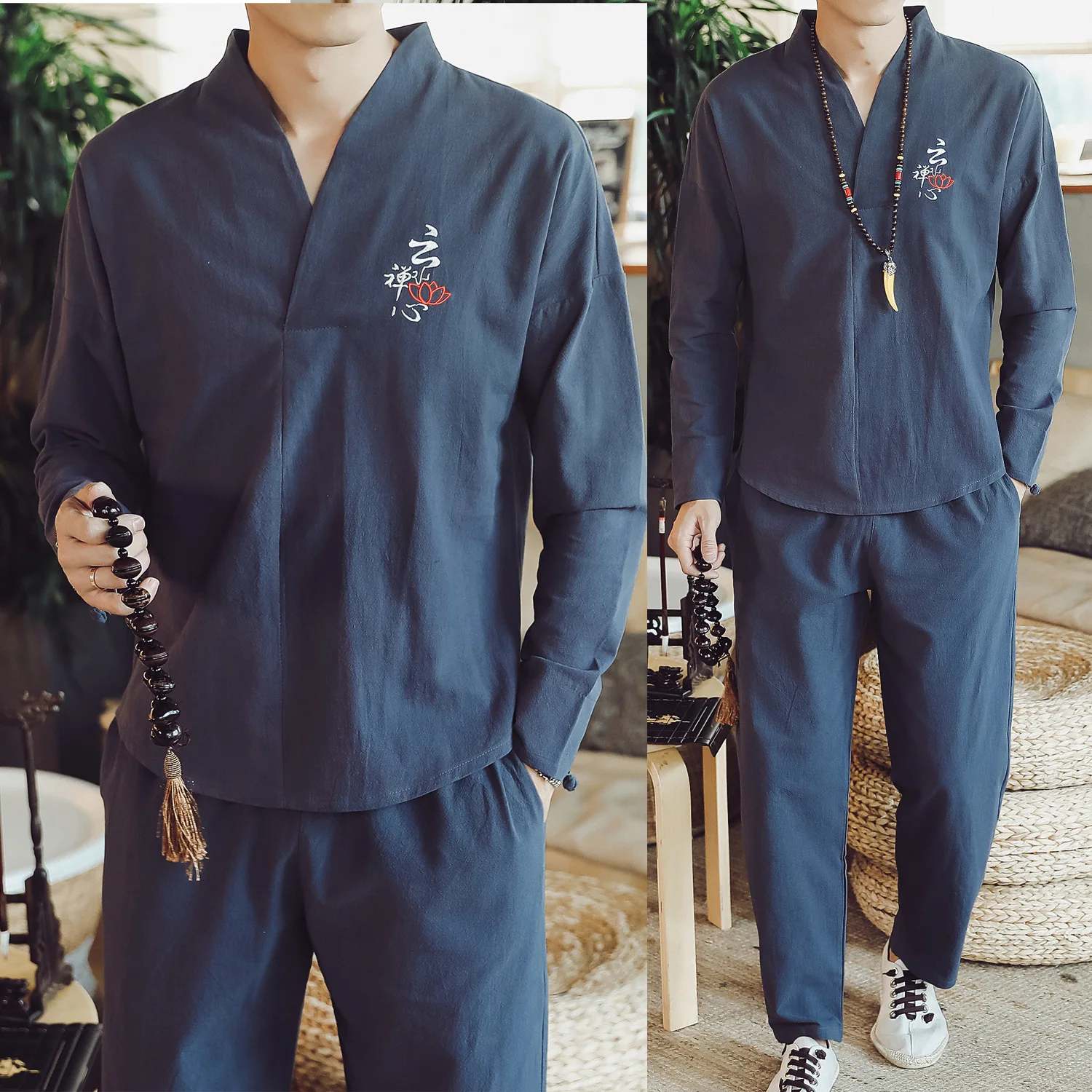 Костюм в китайском стиле для мужчин приталенный костюм Хань Тан из хлопка и льна