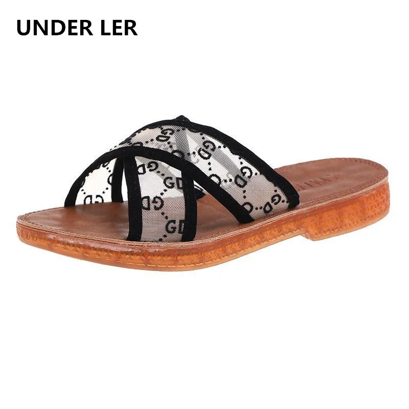 

Summer Outdoor Hollow Ladies Slippers Satin Flat-Heeled Tendon Slippers