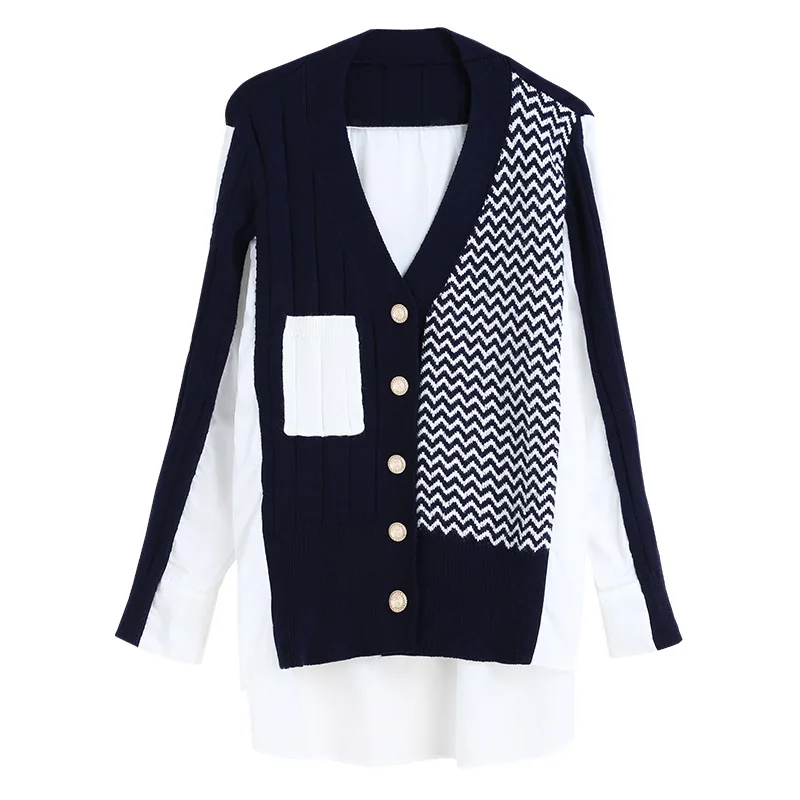 

Outerwear Cardigan Women Spring New Fashion America Style Patchwork Long Sleeve V-Neck Knitting Sweater Female Asymmetrical Tops