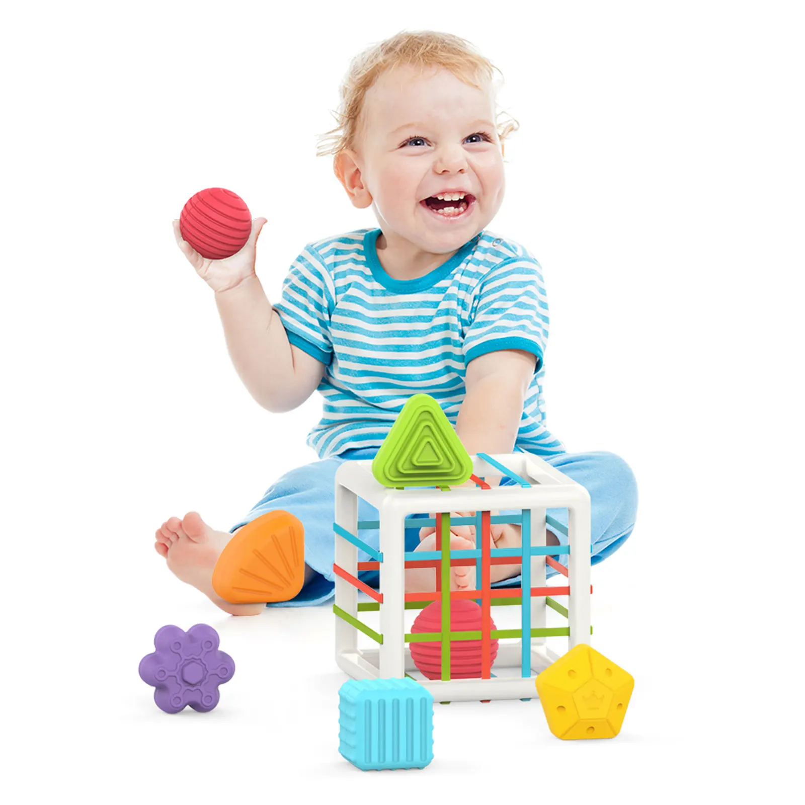 

Baby Shape Sorting Cube Box Toys with Rubber Bands Colorful Sorter Shapes Sorting Montessori Educational Toys