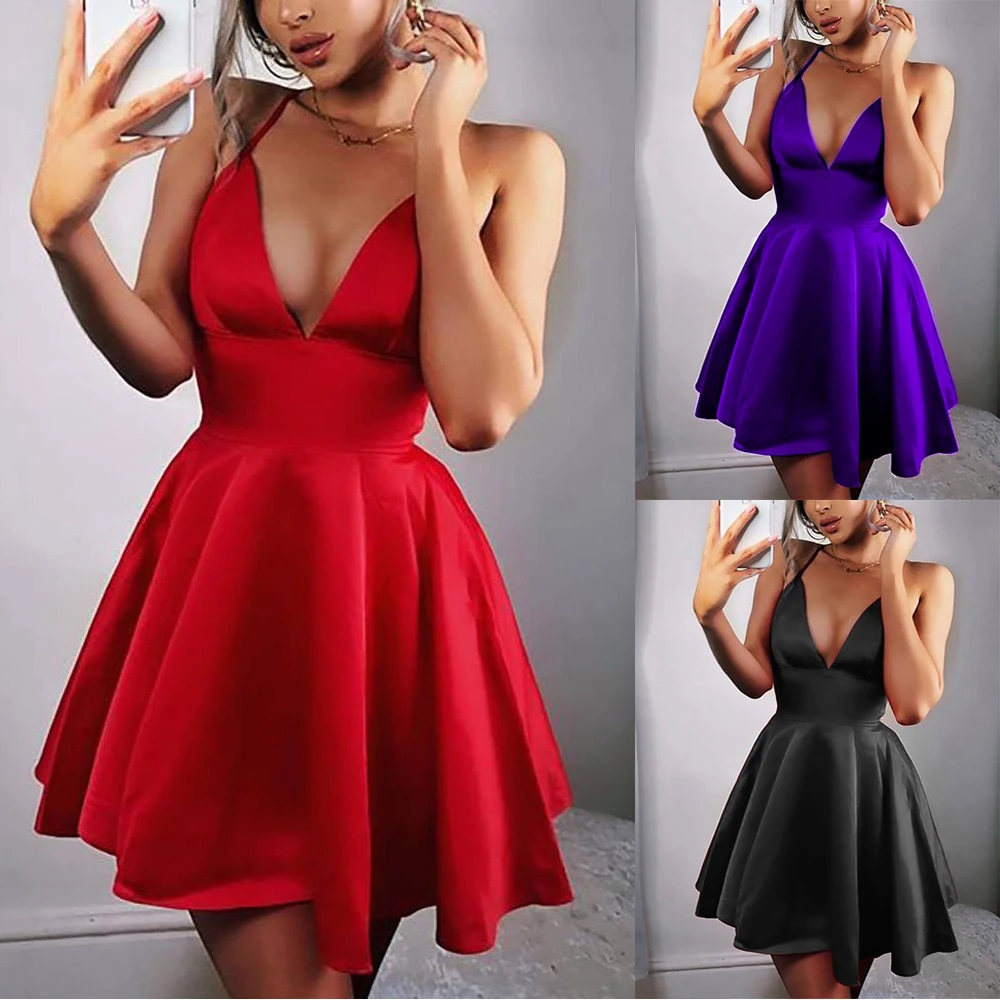 Женское короткое вечернее платье на бретельках DYMADE красное черное фиолетовое
