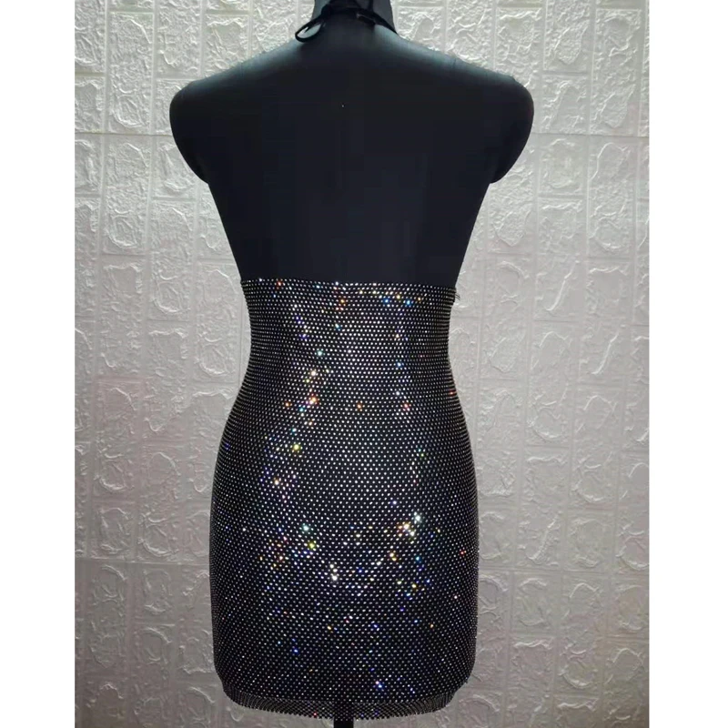 

Night Party Sheath Mini Dresses Glisten Rhinestone See Through Dress Diamonds Deep V Neck Backless Sleeveless High Waist Bodycon