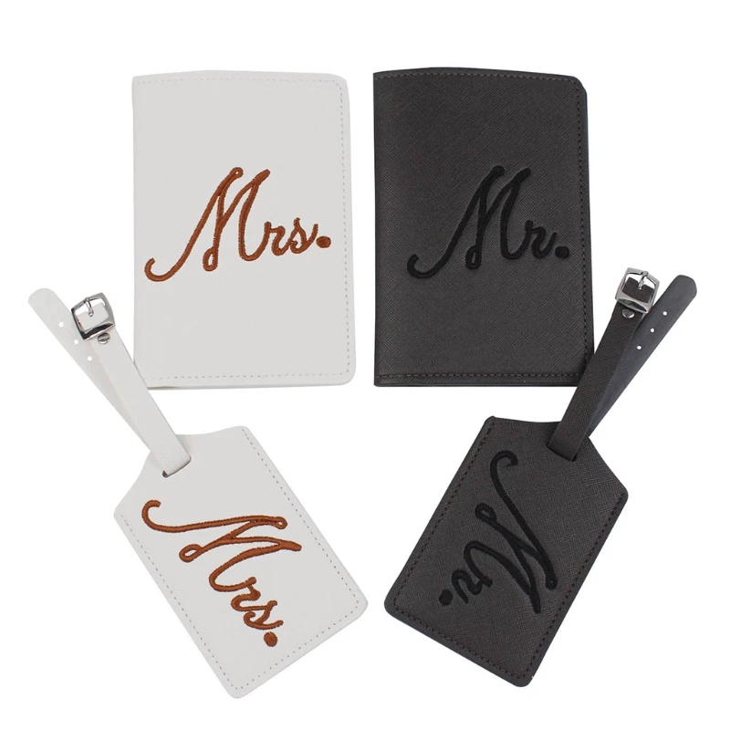 

L5YA Embroidery Mr Mrs Passport Covers Luggage Tags Gift Set for Couples Honeymoon Travel Card Protector Wedding Bridal Shower