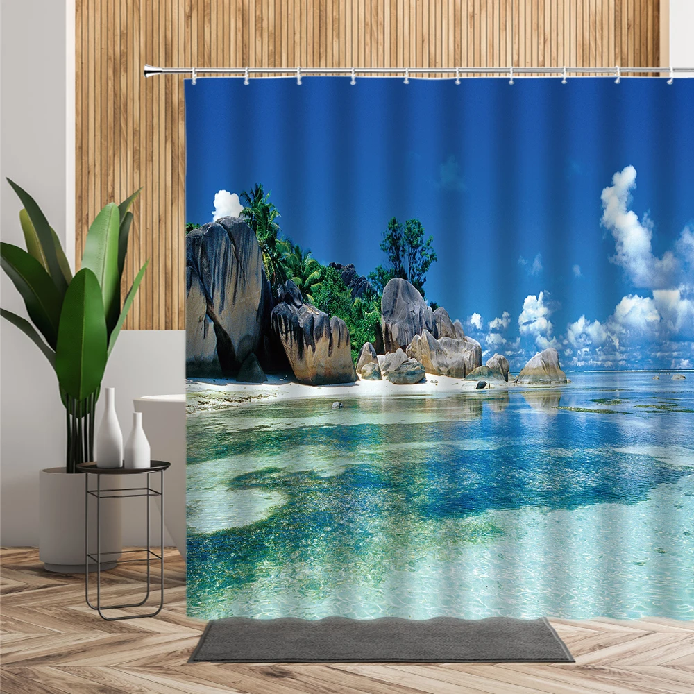 

Tropical Summer Beach Background Shower Curtain Dolphin Coconut Tree Outdoor Scenery Waterproof Bathtub Decoration Bath Curtains