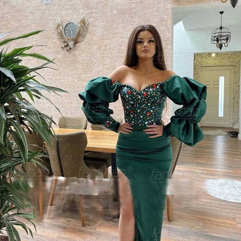 Женское вечернее платье с юбкой годе Fanshao зеленое открытыми плечами пышными