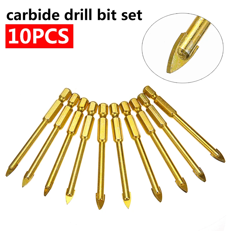 

10Pcs Hex Shank Tungsten Carbide Glass Mirror Tile Ceramic Drill Bit Set 6mm Wall/Glass Cross Spear Head Hole Drill Bits Tool