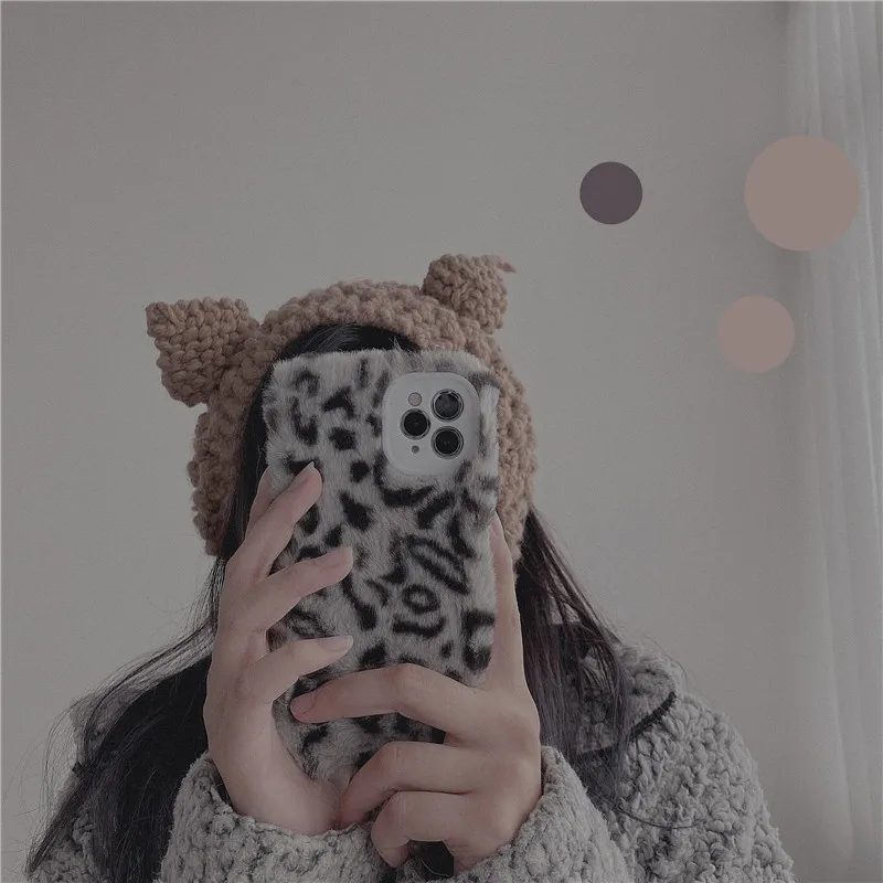 

2020New! Furry Leopard Plush Warm Phone Cases For iPhone 12 11 PRO MAX mini X XS XR Phone 7 8 Plus iPhone12 SE Soft CASE Cover