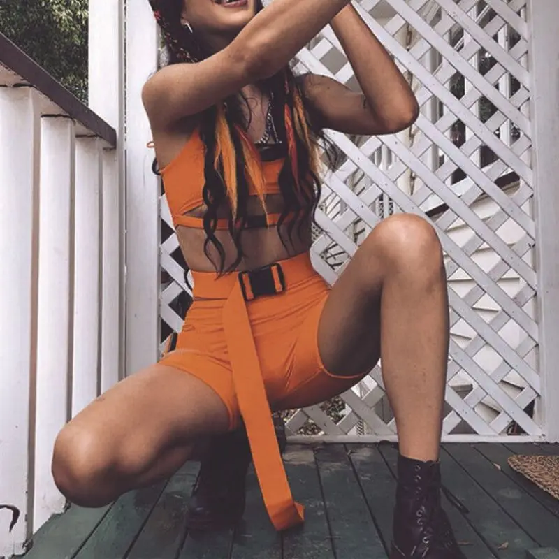 

Sexy Neon Green Buckle halter neck Shorts Set Women Tight Buckle Marching Set 2 Piece Night Out Outfits For Women