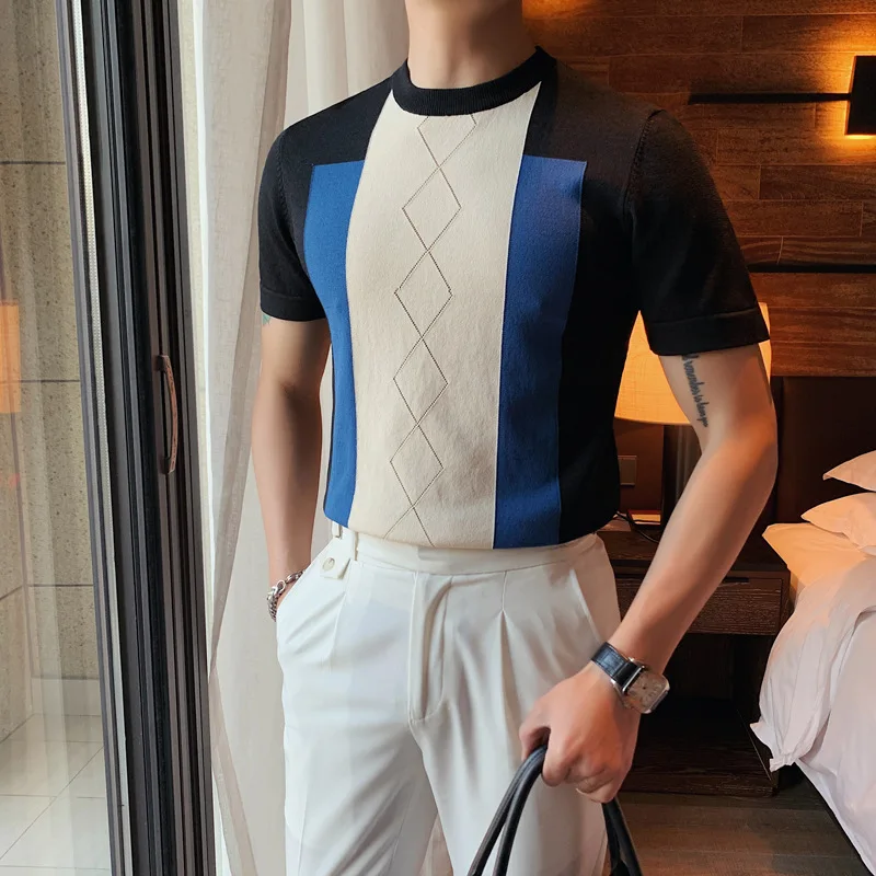 

Top Quality Contrast Colors Knitted Men T-Shirts Short Sleeve Fashion O-Neck Slim Fit Casual Tee Shirt Homme Plus Size 4XL-M Hot