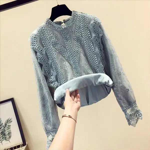 blue fleece blouse MUMUZI шифоновые кружевные женские топы, блузки с длинными рукавами, кружевные лоскутные сексуальные стильные женские рубашки, модная женская одежда, кружевные блузки - Цвет: blue fleece blouse