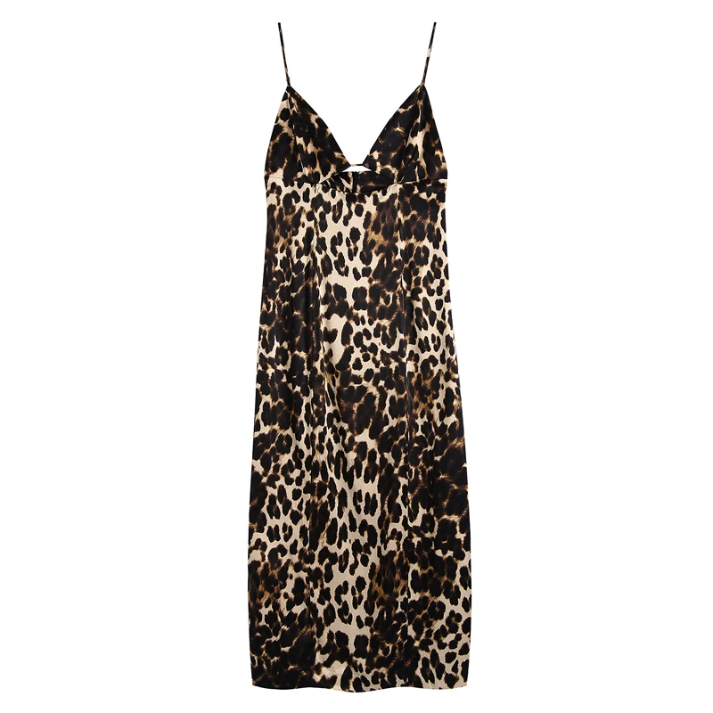 

Women 2021 za fashion hollow out leopard print midi dress vintage back zipper thin straps female dresses vestidos mujer