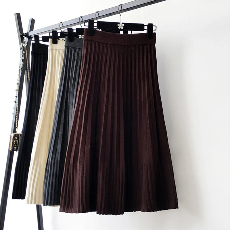 Женская трикотажная плиссированная юбка трапециевидная с высокой талией