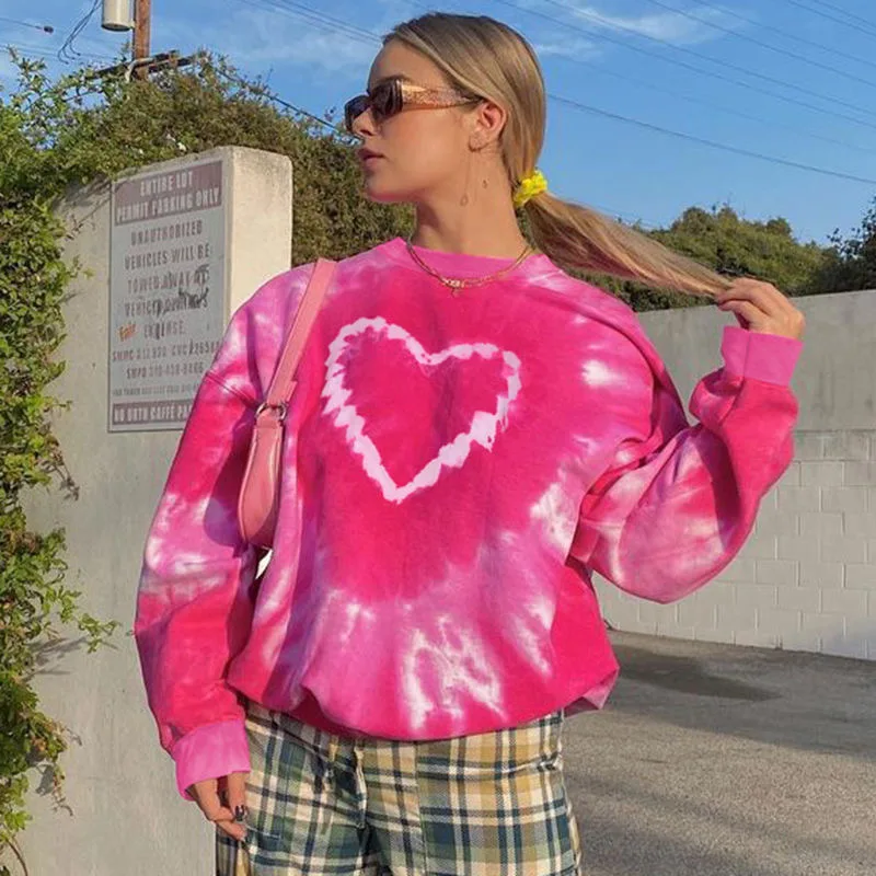 

Heart Pattern Aesthetics Pink Oversized Sweatshirts Women 2021 E-Girl Tie Dye Crewneck Long Sleeve Tops Autumn Pullovers
