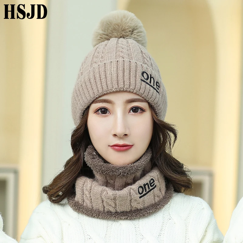 

Female Winter Warm Cashmere Blends Knitted Hat With Scarf Set Letter Casual Women's Pompom Beanies Scarf Hats 2019 Neck Warmer