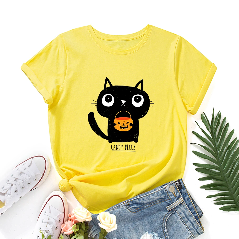 Женская хлопковая футболка с коротким рукавом яркая Футболка принтом кошки на
