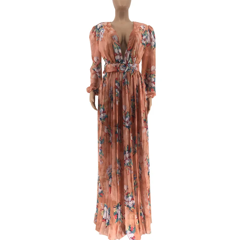 

Bohemian Style Floral Print Women Pleated Dress Fashion Sashes Lantern Sleeves V-Collar Lady Floor Length Dresses Spring 2021