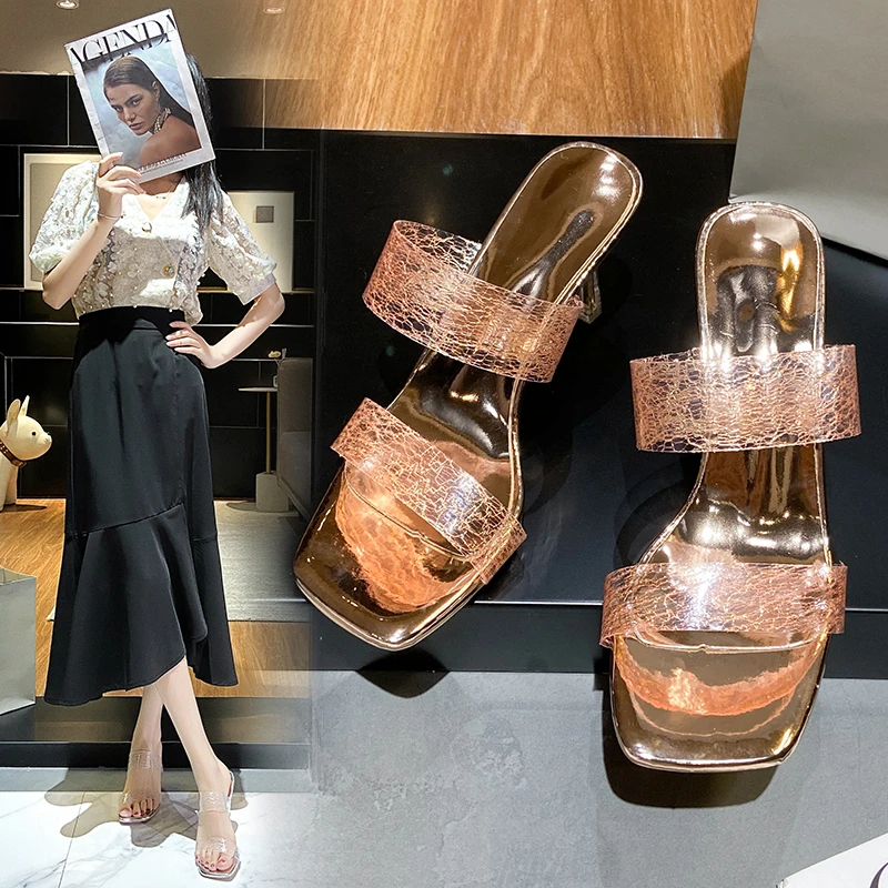Summer High Heels Women Shoes Fashion Transparent Heels Sexy Hollow Breathable Slippers Square Toe Female Clear Heels Slides