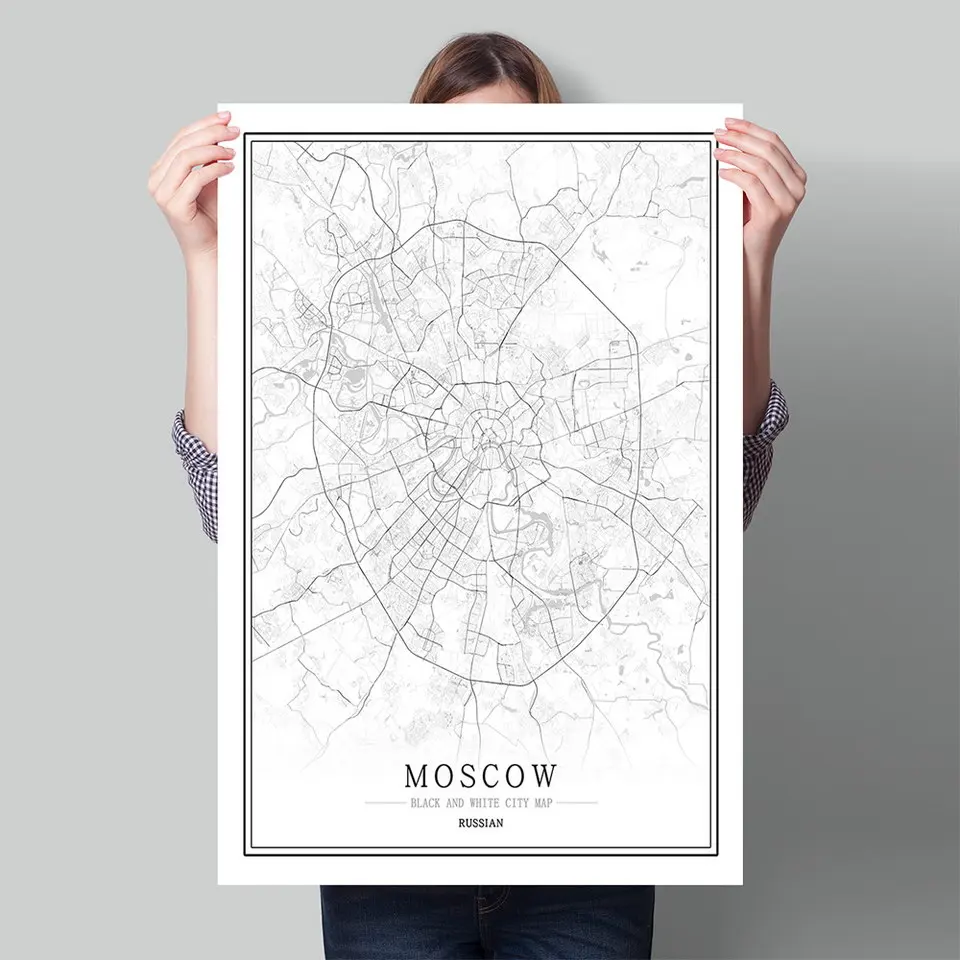 Постер на русском черно-белый карта городов мира год скандинавский стиль для