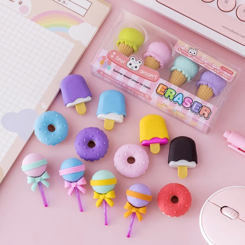 

4 Pcs Pencil Erasers Food Dessert Cute Cartoon Erasers Novelty Toy for Kids Birthday Party Classroom Rewards