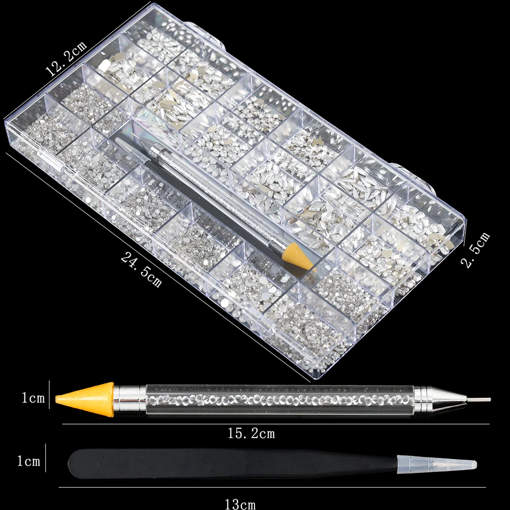 

21 Grids Mix Shape Flatback Glitter Diamond Pearl Rose Shell Butterfly Chain Nail Art Rhinestones Manicure Picker Wax Pens Set